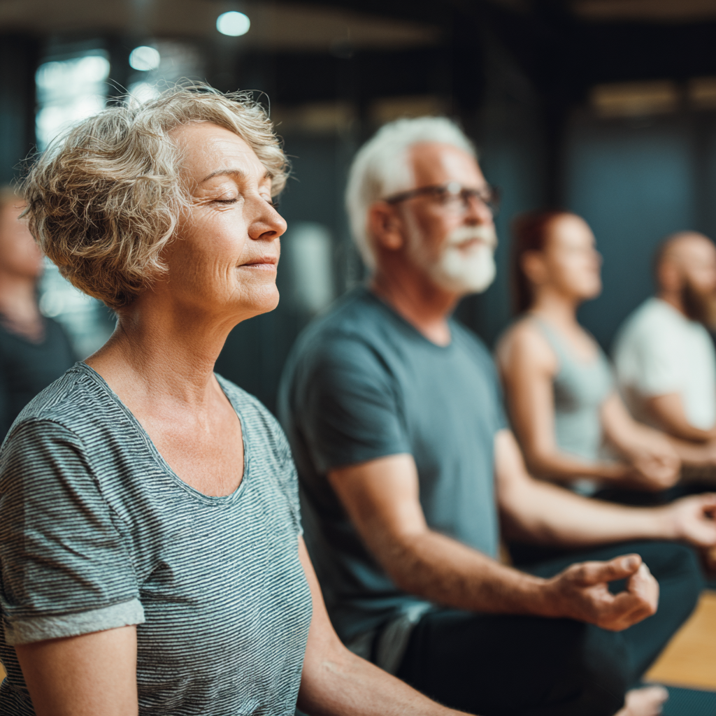Middle-aged adults practicing mindful movement exercises in a peaceful fitness environment