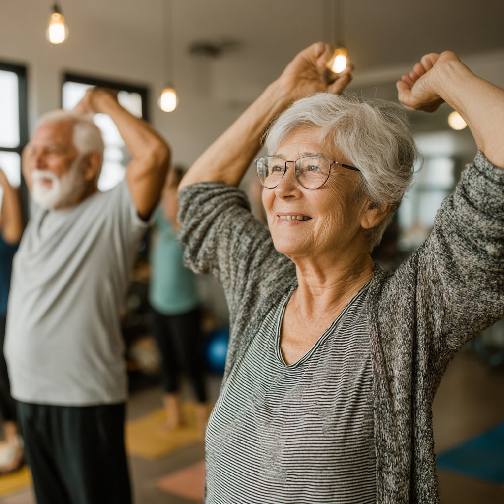 Older adults engaged in gentle strength training and mobility exercises in a bright, welcoming fitness space